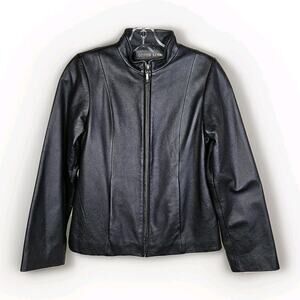 Copper Key Womens Leather Jacket Black Full Zip Minimalist Biker Soft Band L